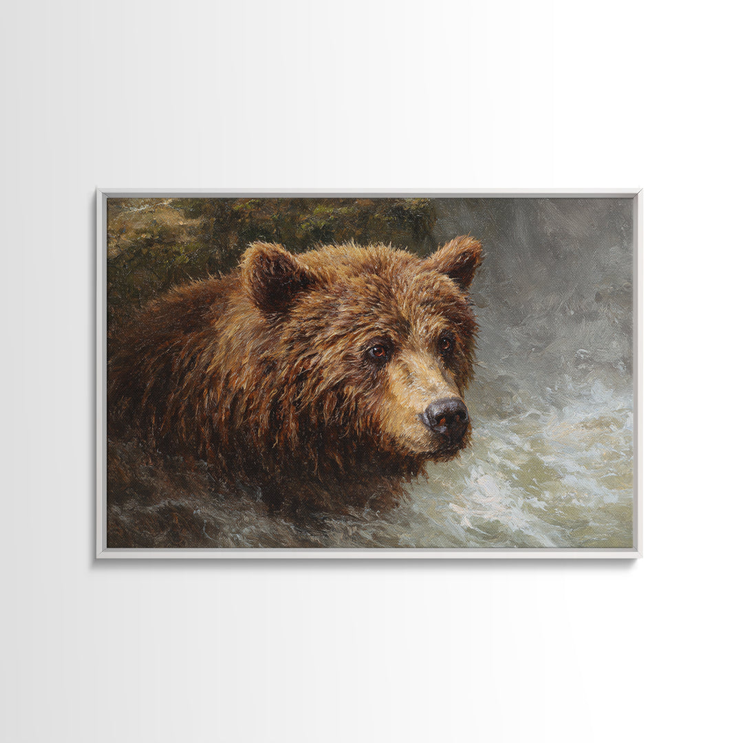 Bear Fishing in Rushing Mountain River Canvas Print, Wildlife Art, Bird Art, Living Room Decor, Oil Painting, Wild, WIL-3x2-32