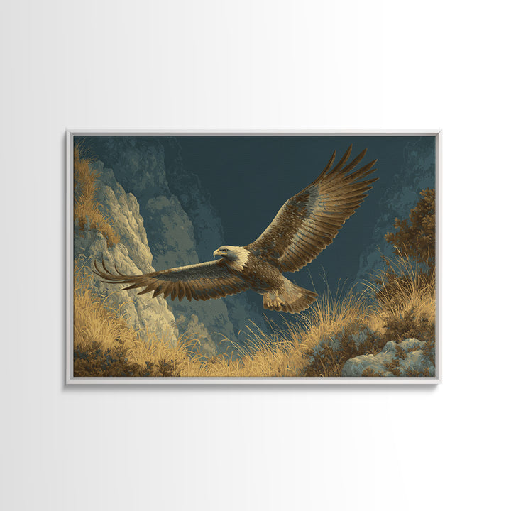 Eagle Soaring Above Rocky Cliffs Canvas Print, Wildlife Art, Bird Art, Living Room Decor, Watercolor Art, Wild, WIL-3x2-34