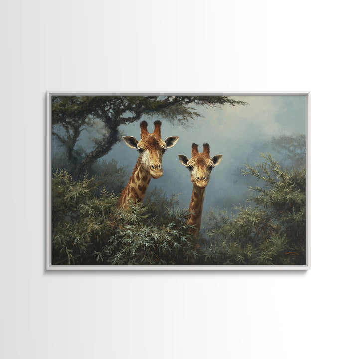 Giraffe Pair under Acacia Tree Framed Canvas Print, Wildlife Art, Rustic Home Decor, Living Room Decor, Fine Art, Wild, WIL-3x2-35