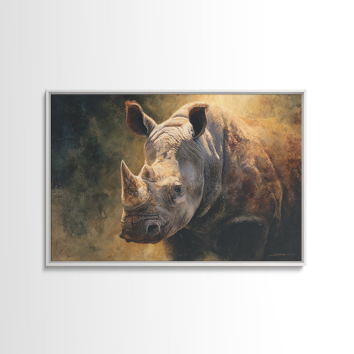 Rhino in Dramatic Stormy Light Framed Canvas Print, Wildlife Art, Bedroom Wall Art, Living Room Decor, Fine Art, Wild, WIL-3x2-36