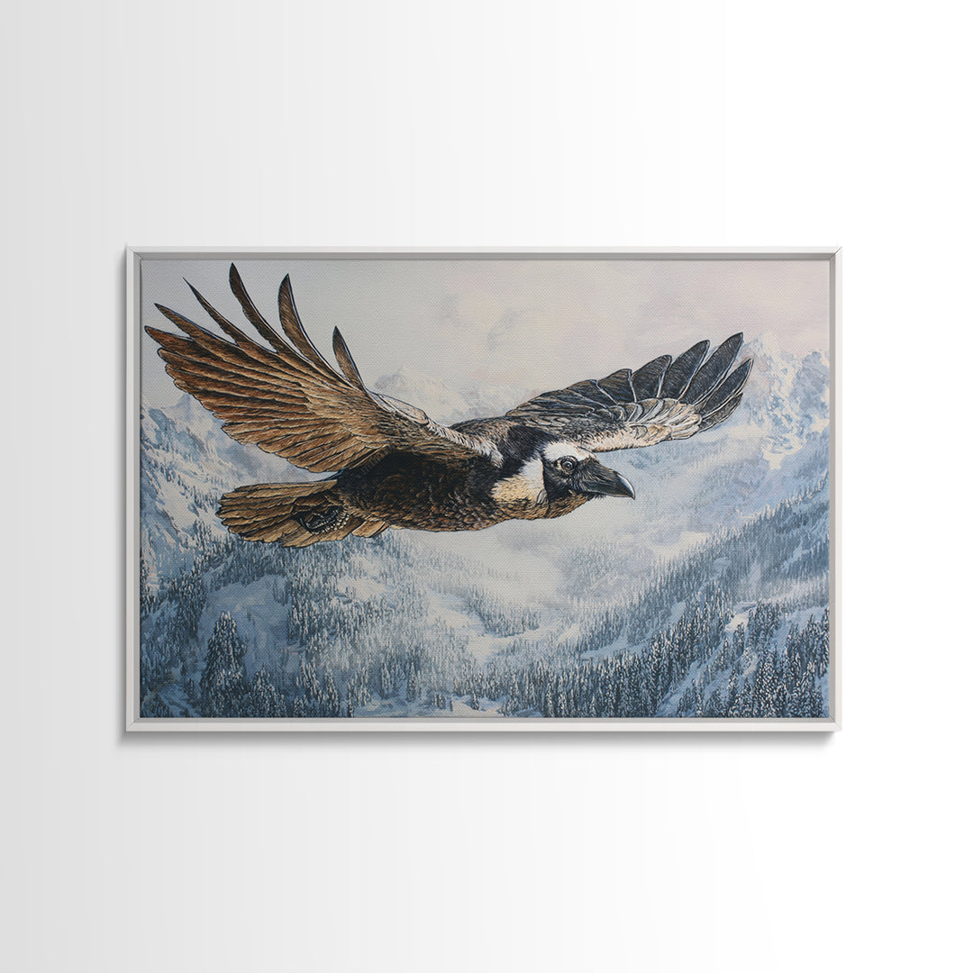 Raven Flying Through Snowy Mountains Canvas Print, Wildlife Art, Wall Hangings, Living Room Decor, Fine Art, Wild, Bird Art, WIL-3x2-4