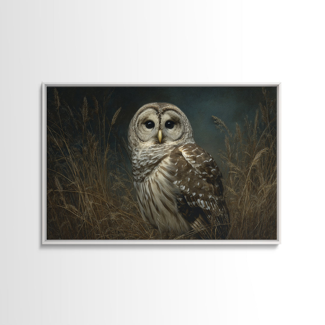 Owl Perched in Moonlit Woodland Framed Canvas Print, Wildlife Art, Modern Art, Living Room Decor, Oil Painting, Wild, WIL-3x2-40