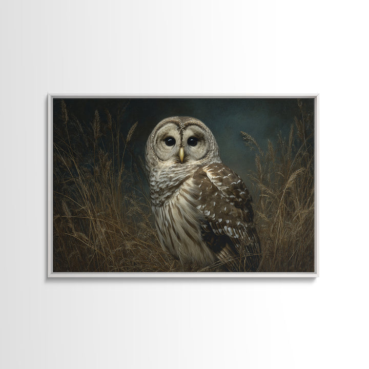 Owl Perched in Moonlit Woodland Framed Canvas Print, Wildlife Art, Modern Art, Living Room Decor, Oil Painting, Wild, WIL-3x2-40