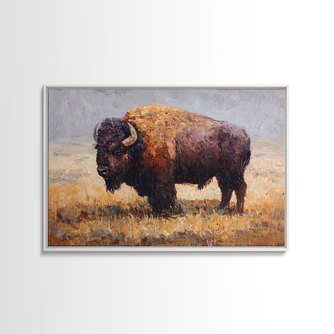 Bison on Wide Western Prairie Framed Canvas Print, Wildlife Art, Digital Download Art, Living Room Decor, Watercolor Art, Wild, WIL-3x2-41