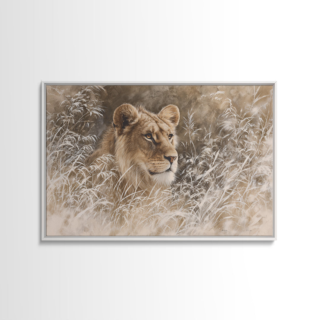 Lion Emerging from Golden Savanna Grass Framed Canvas Print, Wildlife Art, Modern Art, Living Room Decor, Fine Art, Wild, WIL-3x2-5