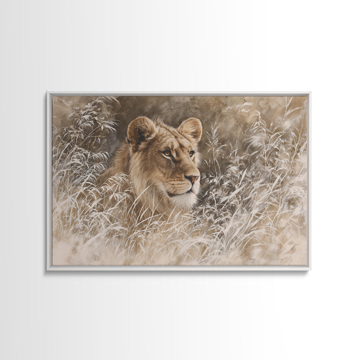 Lion Emerging from Golden Savanna Grass Framed Canvas Print, Wildlife Art, Modern Art, Living Room Decor, Fine Art, Wild, WIL-3x2-5