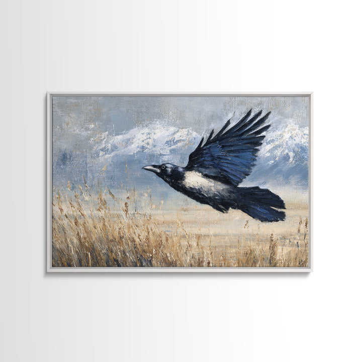 Raven Flying Through Snowy Mountains Canvas Print, Wildlife Art, Living Room Wall Art, Living Room Decor, Fine Art, Wild, WIL-3x2-52