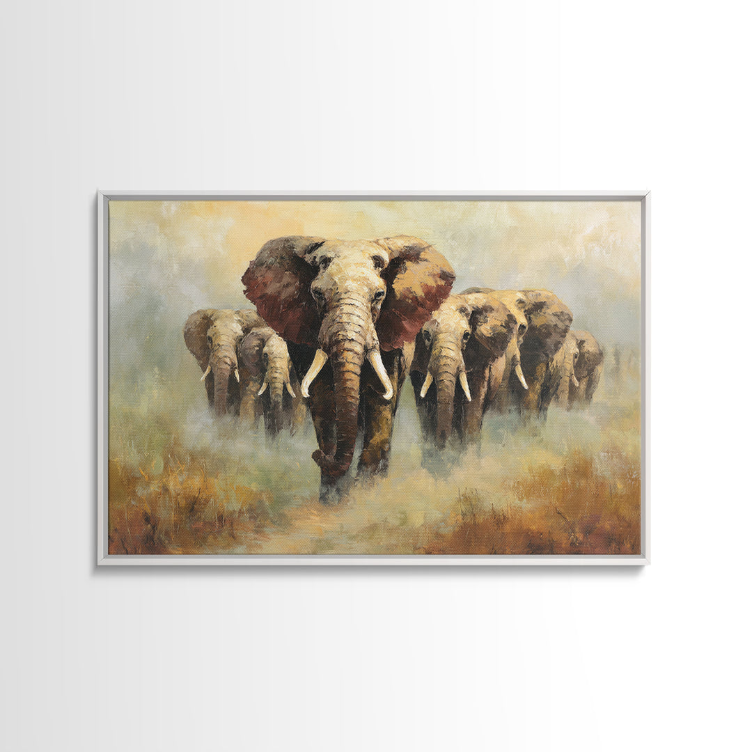 Elephant Herd Walking Through Dusty Sunset Canvas Print, Wildlife Art, Living Room Wall Art, Living Room Decor, Fine Art, Wild, WIL-3x2-54