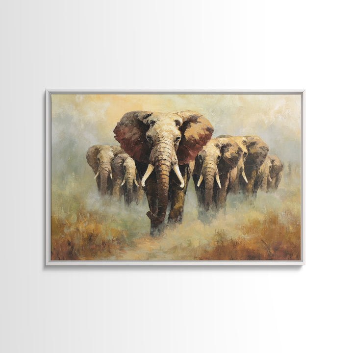 Elephant Herd Walking Through Dusty Sunset Canvas Print, Wildlife Art, Living Room Wall Art, Living Room Decor, Fine Art, Wild, WIL-3x2-54