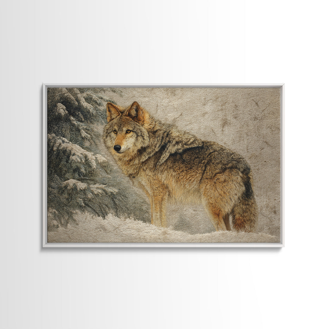Wolf Standing Beneath Snowy Pine Trees Framed Canvas Print, Wildlife Art, Wall Decor, Living Room Decor, Oil Painting, Wild, WIL-3x2-55