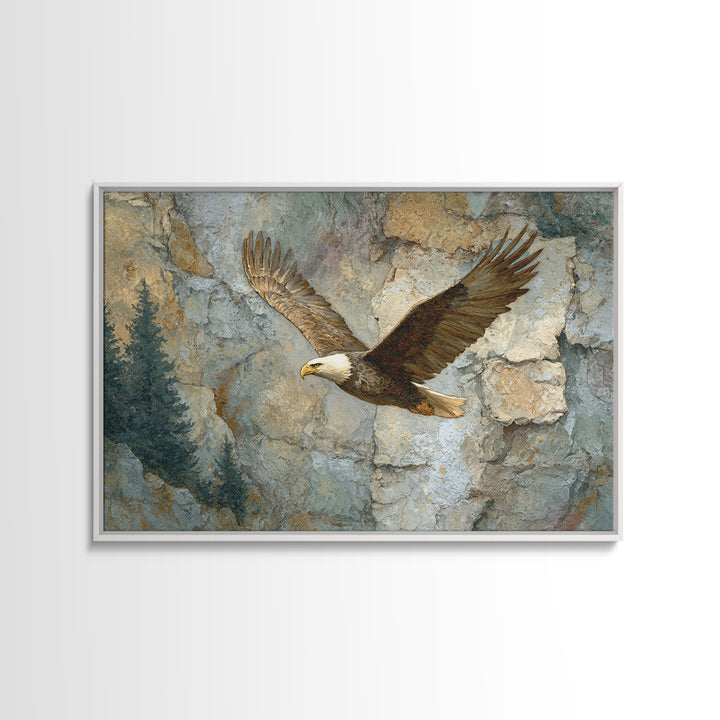 Eagle Soaring Above Rocky Cliffs Canvas Print, Wildlife Art, Bird Art, Living Room Decor, Watercolor Art, Wild, WIL-3x2-58