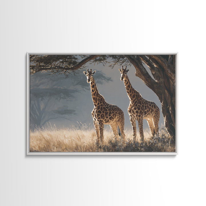 Giraffe Pair under Acacia Tree Framed Canvas Print, Wildlife Art, Living Room Decor, Oil Painting, Wild, Digital Wall Art, WIL-3x2-59