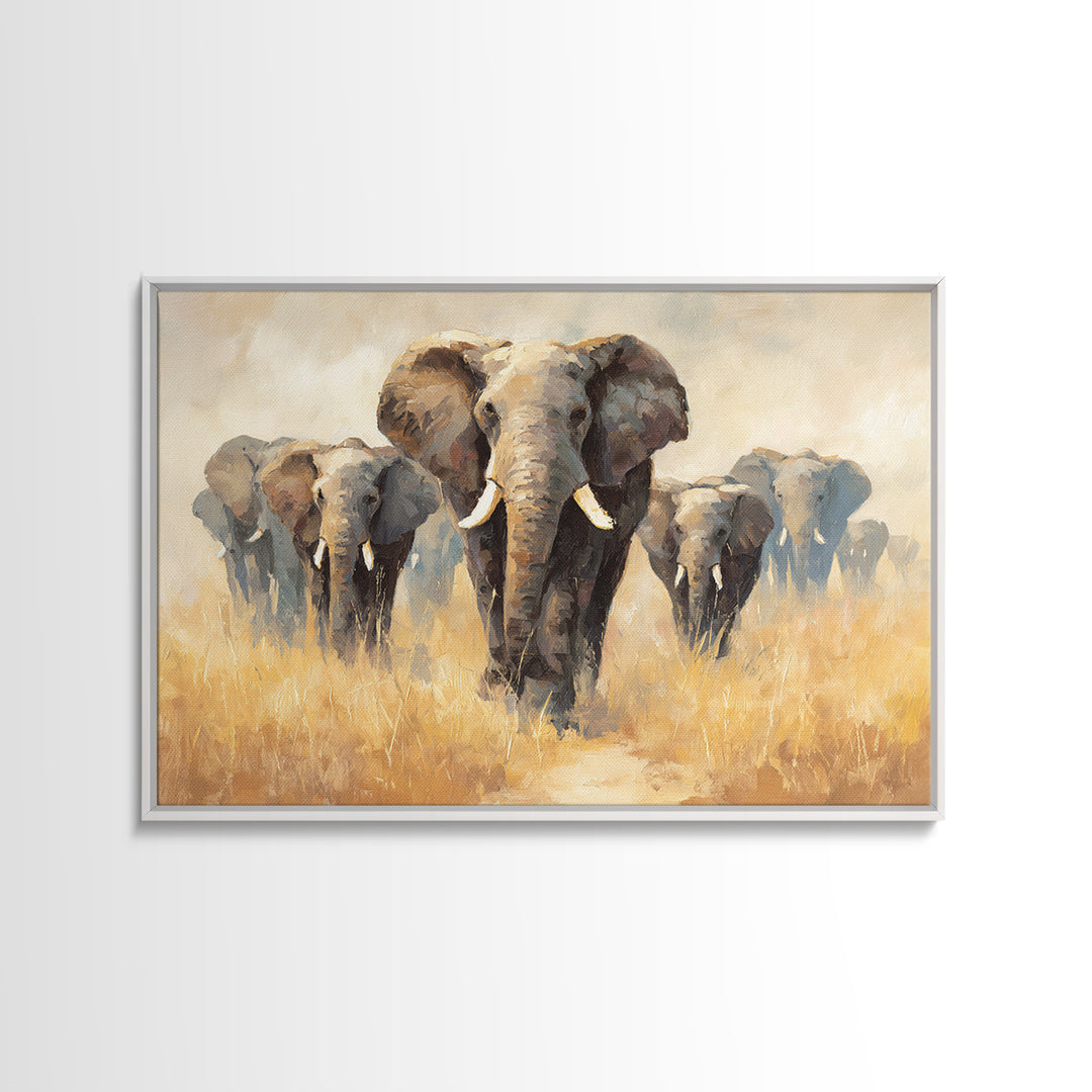 Elephant Herd Walking Through Dusty Sunset Framed Canvas Print, Wildlife Art, Living Room Decor, Wild, Living Room Art, WIL-3x2-6