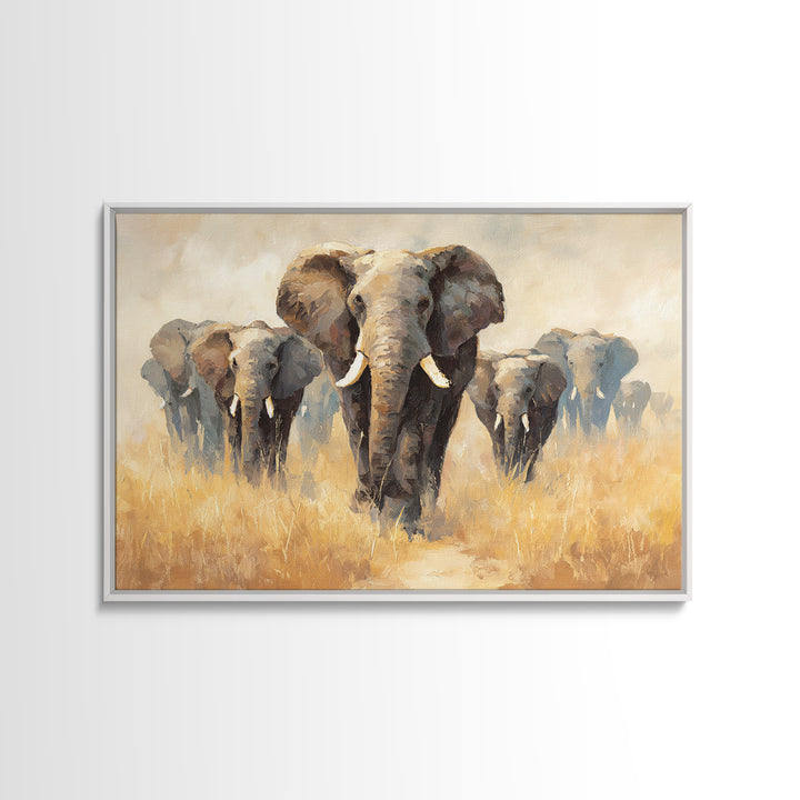 Elephant Herd Walking Through Dusty Sunset Framed Canvas Print, Wildlife Art, Living Room Decor, Wild, Living Room Art, WIL-3x2-6