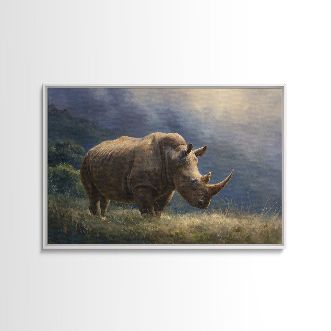 Rhino in Dramatic Stormy Light Framed Canvas Print, Wildlife Art, Original Artwork, Living Room Decor, Fine Art, Wild, WIL-3x2-60