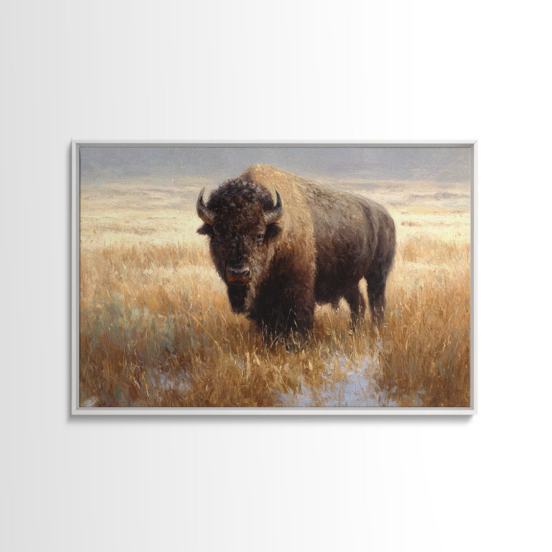 Bison on Wide Western Prairie Framed Canvas Print, Wildlife Art, Digital Download Art, Living Room Decor, Watercolor Art, Wild, WIL-3x2-65
