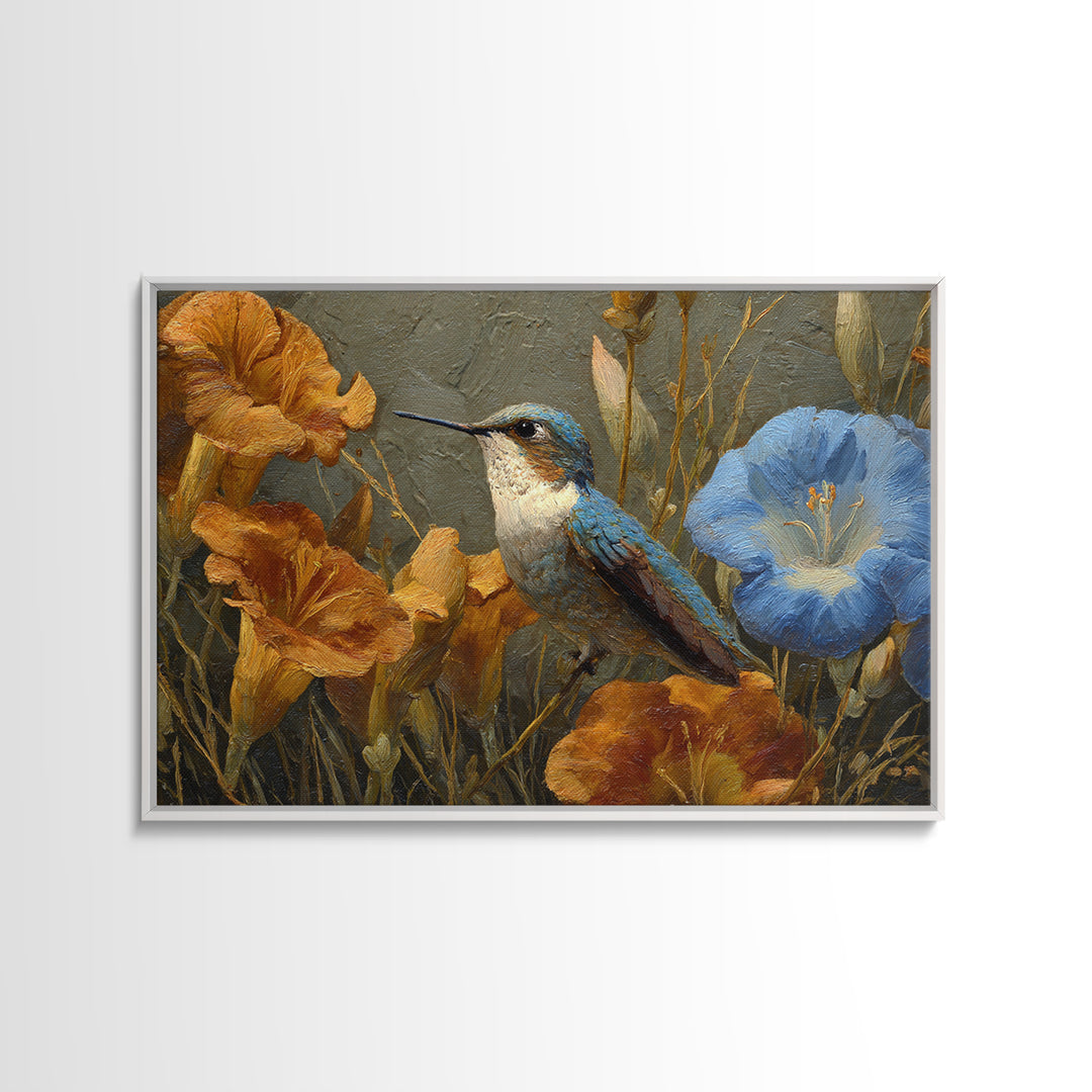 Hummingbird Beside Bright Flowers Canvas Print, Wildlife Art, Neutral Decor, Living Room Decor, Oil Painting, Wild, Wall Art, WIL-3x2-68
