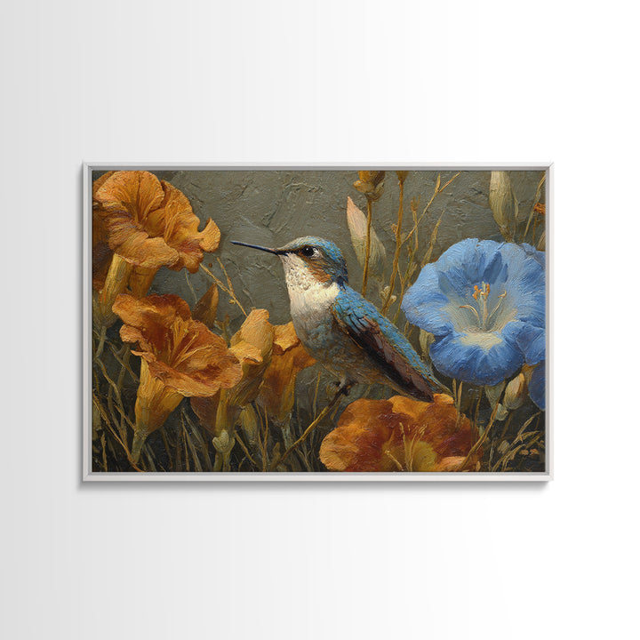 Hummingbird Beside Bright Flowers Canvas Print, Wildlife Art, Neutral Decor, Living Room Decor, Oil Painting, Wild, Wall Art, WIL-3x2-68
