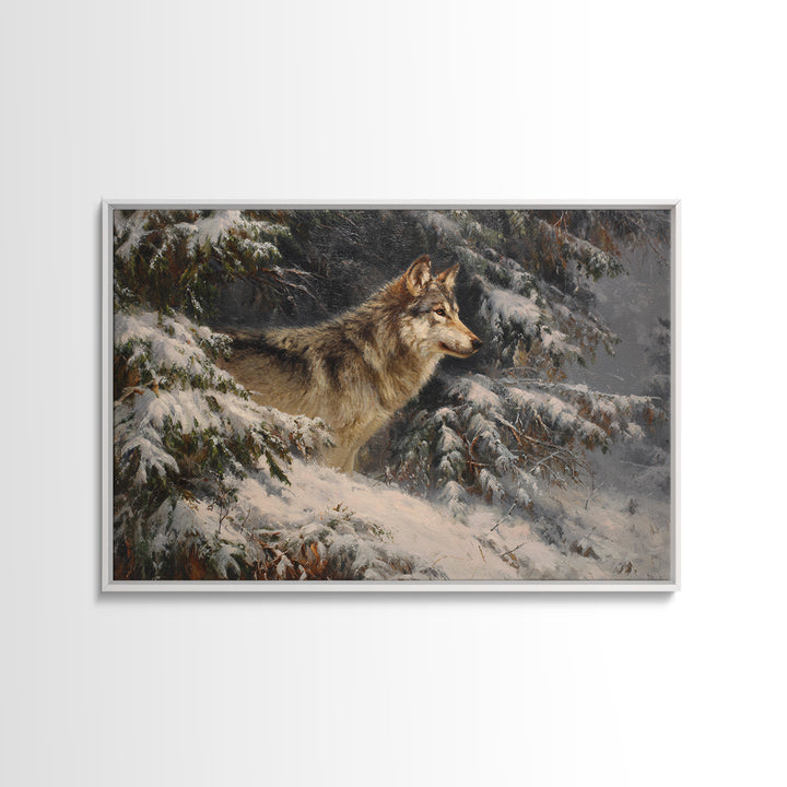 Wolf Standing Beneath Snowy Pine Trees Framed Canvas Print, Wildlife Art, Home Decor, Living Room Decor, Abstract Art, Wild, WIL-3x2-7