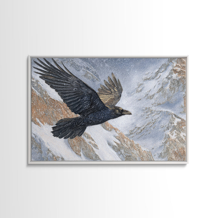 Raven Flying Through Snowy Mountains Canvas Print, Wildlife Art, Forest Wall Art, Living Room Decor, Fine Art, Wild, WIL-3x2-76