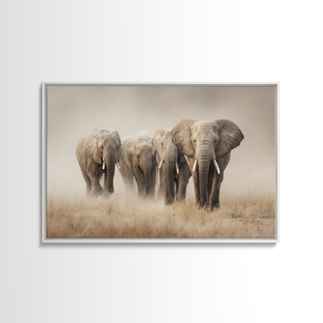 Elephant Herd Walking Through Dusty Sunset Framed Canvas Print, Wildlife Art, Digital Download Art, Living Room Decor, Wild, WIL-3x2-78