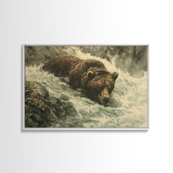 Bear Fishing in Rushing Mountain River Framed Canvas Print, Wildlife Art, Wall Art Print, Living Room Decor, Fine Art, Wild, WIL-3x2-8