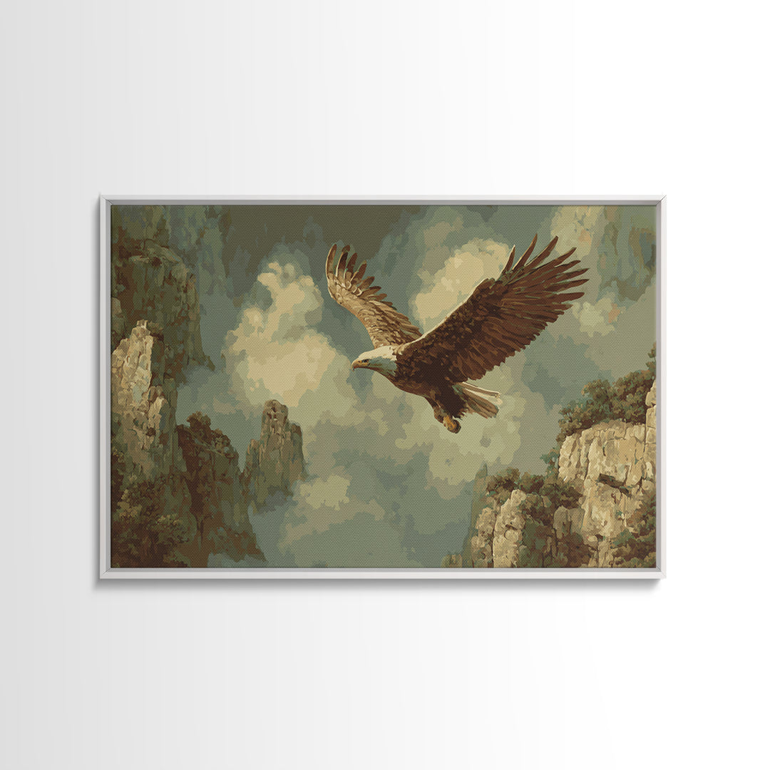 Eagle Soaring Above Rocky Cliffs Framed Canvas Print, Wildlife Art, Living Room Art, Living Room Decor, Oil Painting, Wild, WIL-3x2-82