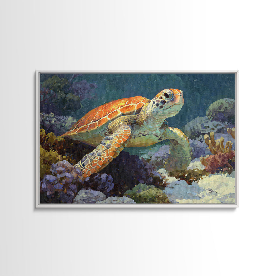 Sea Turtle over Coral Reef Canvas Print, Wildlife Art, Landscape Art, Living Room Decor, Abstract Art, Wild, Modern Decor, WIL-3x2-94