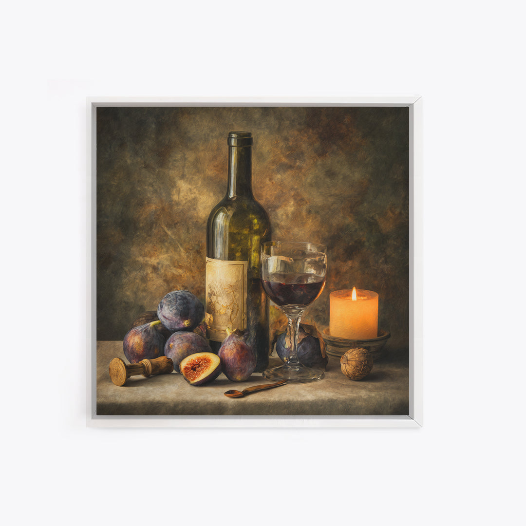 Wine Bottle and Glass Still Life Framed Canvas Print, Winery Art, Preppy Wall Art, Winery Decor, Vineyard, Statement Artwork, WIN-1x1-2