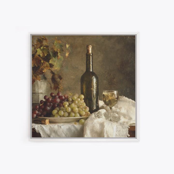 Champagne Grapes and White Linen Still Life Framed Canvas Print, Winery Art, Winery Decor, Abstract Art, Vineyard, WIN-1x1-29