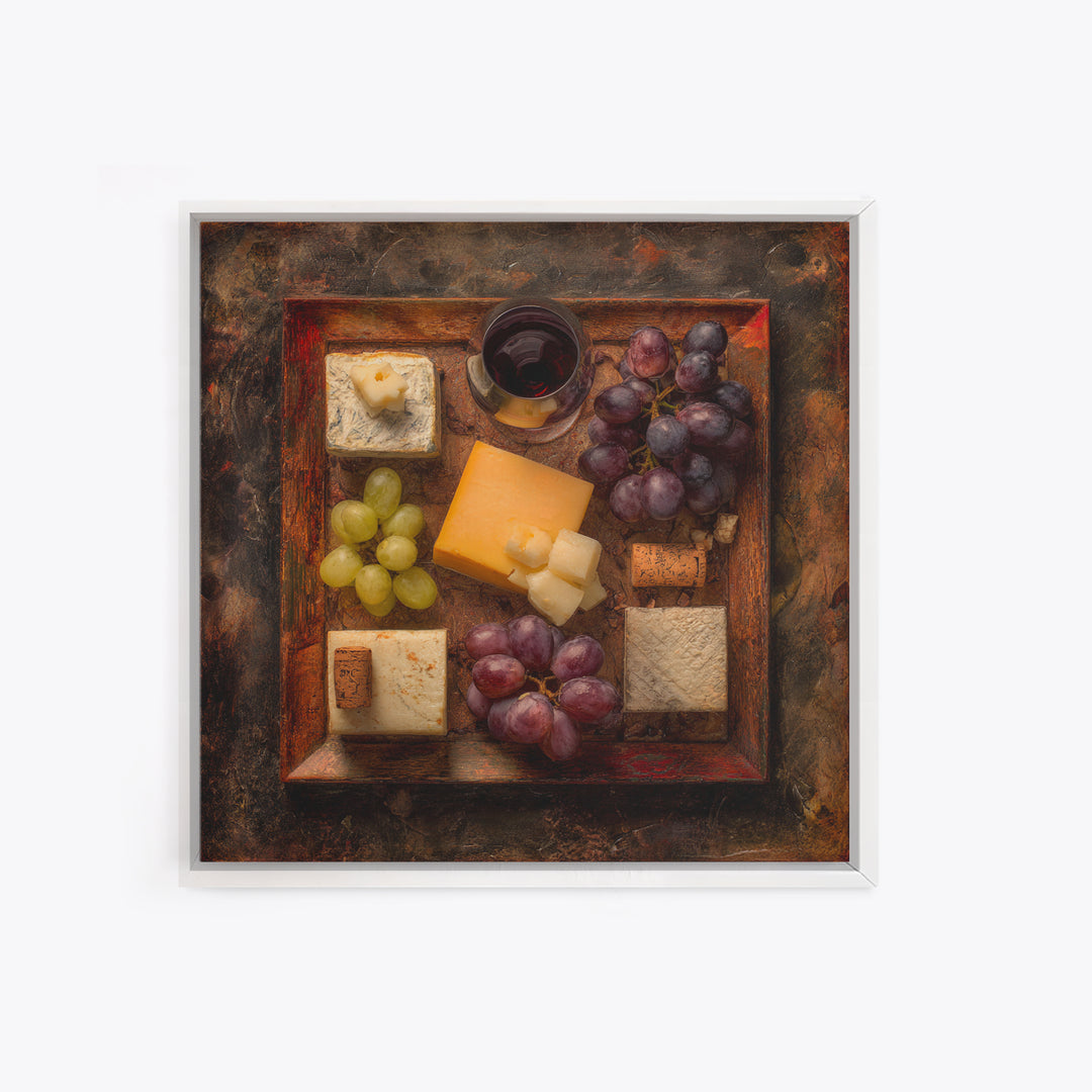 Charcuterie Board with Grapes and Cheese Framed Canvas Print, Winery Art, Boho Decor, Winery Decor, Oil Painting, Vineyard, WIN-1x1-37