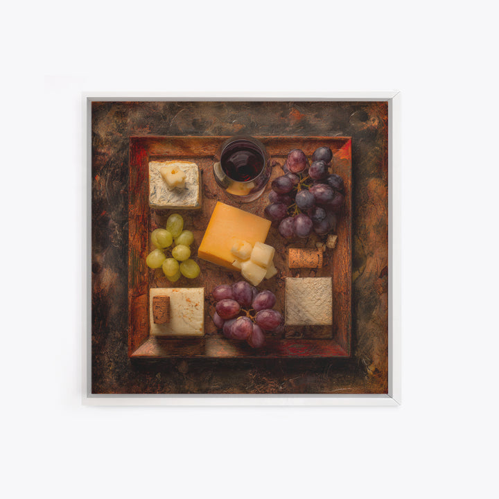Charcuterie Board with Grapes and Cheese Framed Canvas Print, Winery Art, Boho Decor, Winery Decor, Oil Painting, Vineyard, WIN-1x1-37