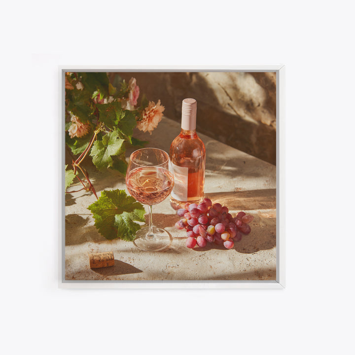 Ros Glass Beside Summer Flowers Framed Canvas Print, Winery Art, Gallery Decor, Winery Decor, Fine Art, Vineyard, Wall Art, WIN-1x1-38
