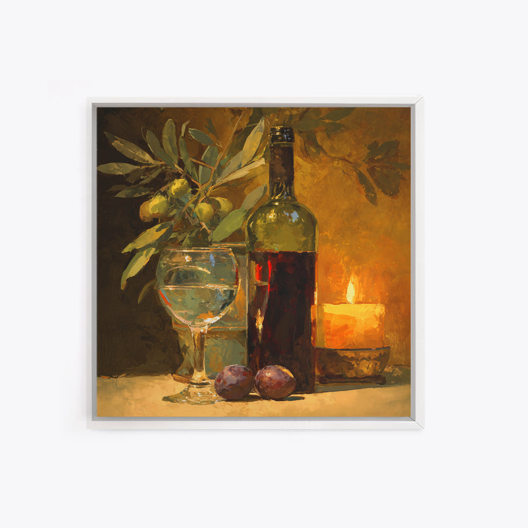Olive Branch and Wine Glass Mediterranean Still Framed Canvas Print, Winery Art, Winery Decor, Oil Painting, Vineyard, WIN-1x1-48