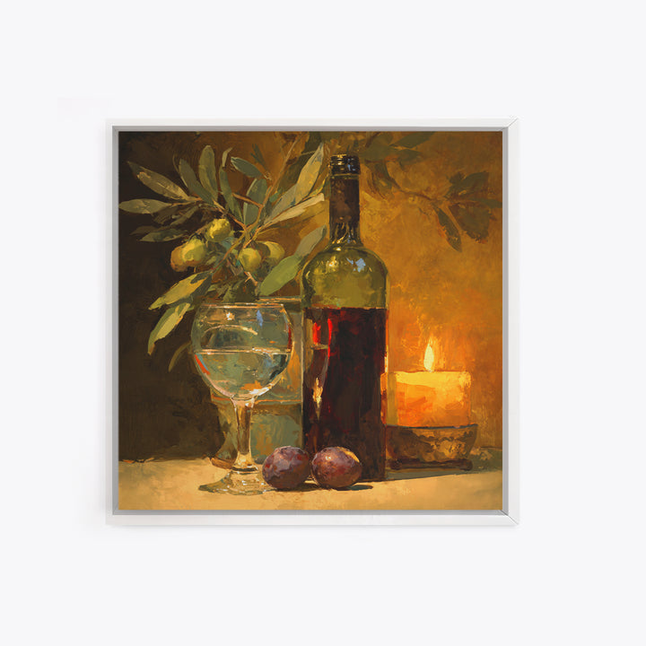 Olive Branch and Wine Glass Mediterranean Still Framed Canvas Print, Winery Art, Winery Decor, Oil Painting, Vineyard, WIN-1x1-48