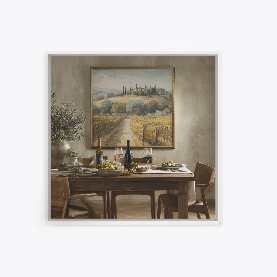 Tuscan Vineyard at Golden Hour Framed Canvas Print, Winery Art, Travel Poster, Winery Decor, Oil Painting, Vineyard, WIN-1x1-51
