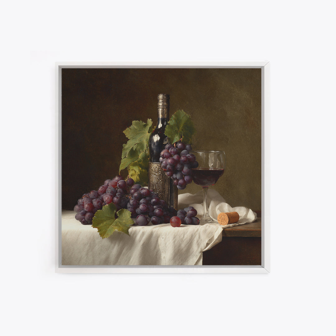 Champagne Grapes and White Linen Still Life Framed Canvas Print, Winery Art, Winery Decor, Abstract Art, Vineyard, WIN-1x1-53