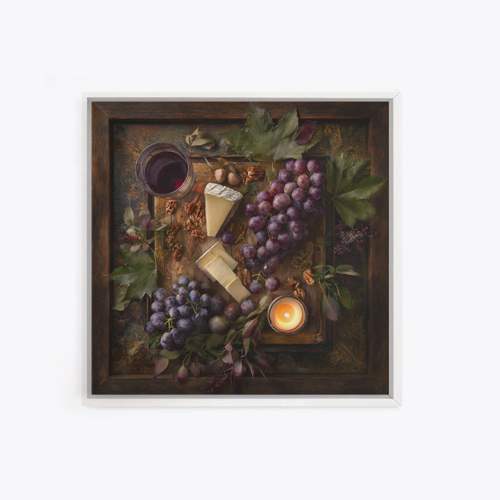 Charcuterie Board with Grapes and Cheese Framed Canvas Print, Winery Art, Boho Decor, Winery Decor, Oil Painting, Vineyard, WIN-1x1-61
