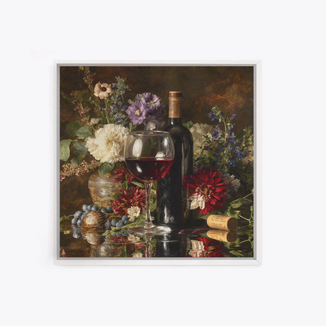 Ros Glass Beside Summer Flowers Framed Canvas Print, Winery Art, Gallery Decor, Winery Decor, Fine Art, Vineyard, Wall Art, WIN-1x1-62