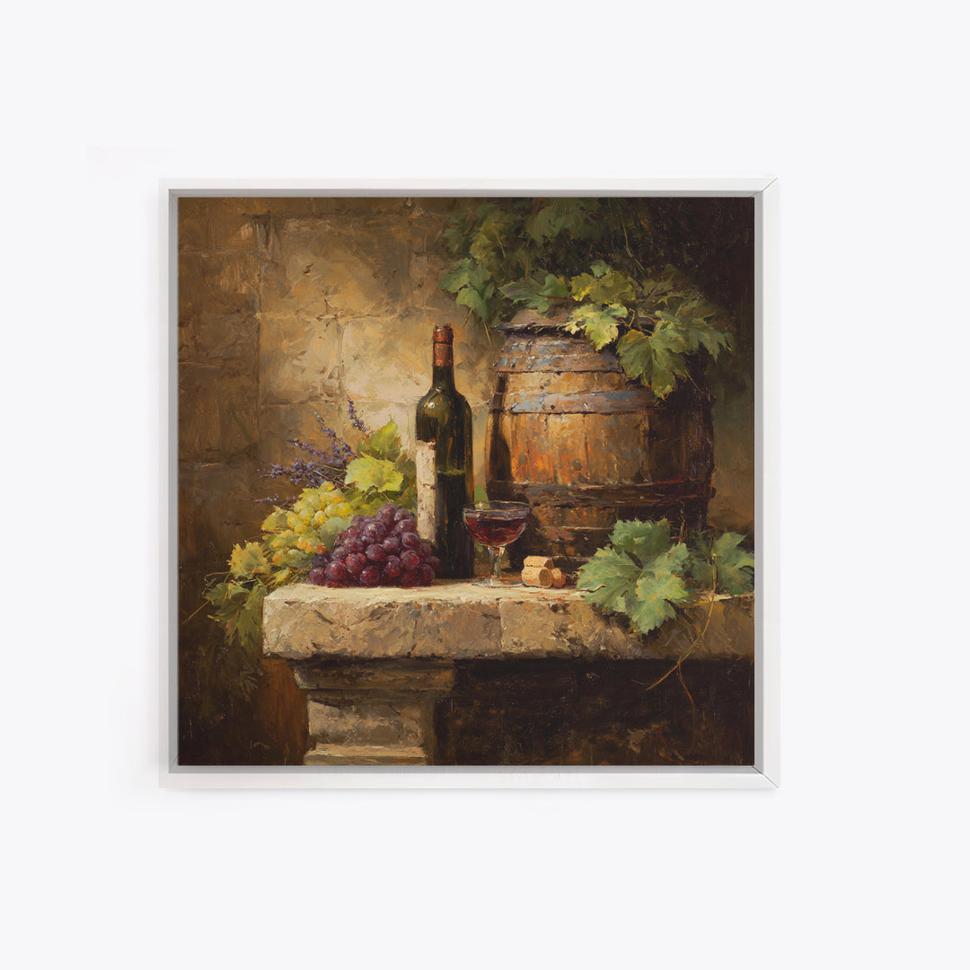 Wine Barrel with Lavender and Sunlight Framed Canvas Print, Winery Art, Statement Artwork, Winery Decor, Fine Art, Vineyard, WIN-1x1-78