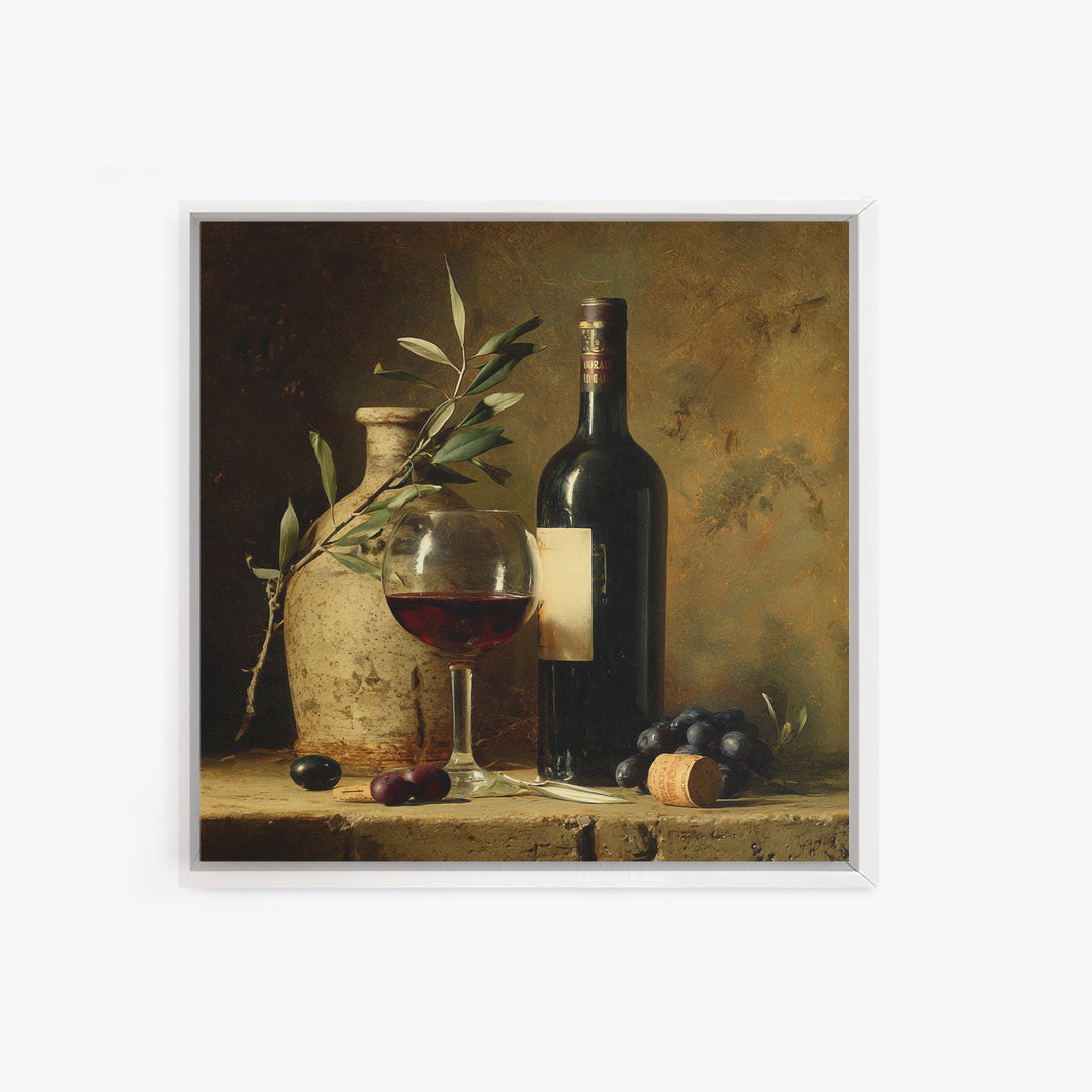 Olive Branch and Wine Glass Mediterranean Still Framed Canvas Print, Winery Art, Print, Winery Decor, Fine Art, Vineyard, WIN-1x1-96