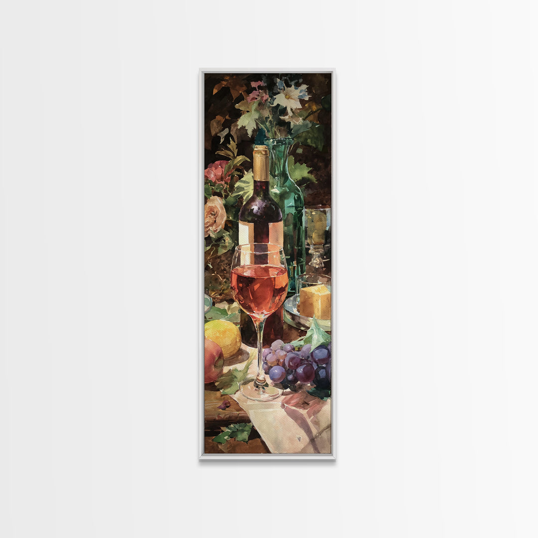 Ros Glass Beside Summer Flowers Canvas Print, Winery Art, Living Room Art, Winery Decor, Watercolor Art, Vineyard, WIN-1x3-2