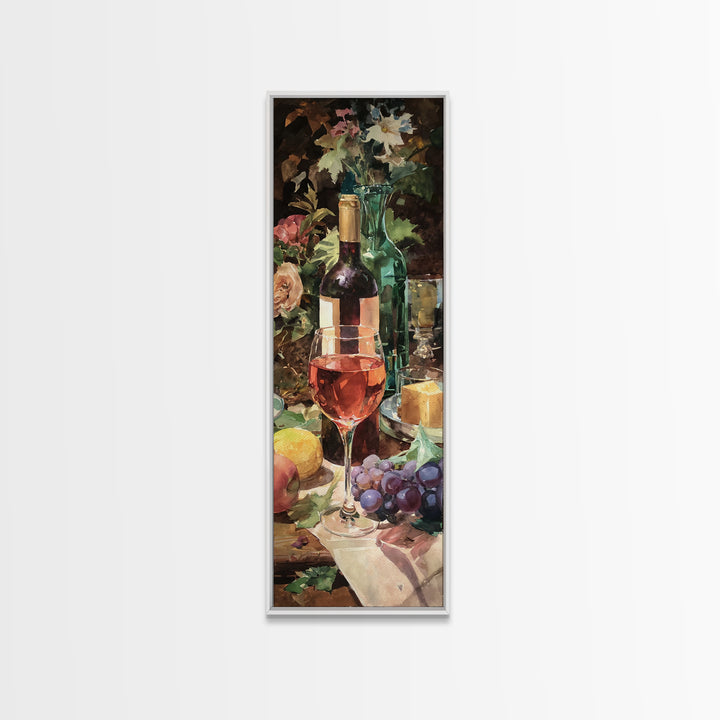 Ros Glass Beside Summer Flowers Canvas Print, Winery Art, Living Room Art, Winery Decor, Watercolor Art, Vineyard, WIN-1x3-2