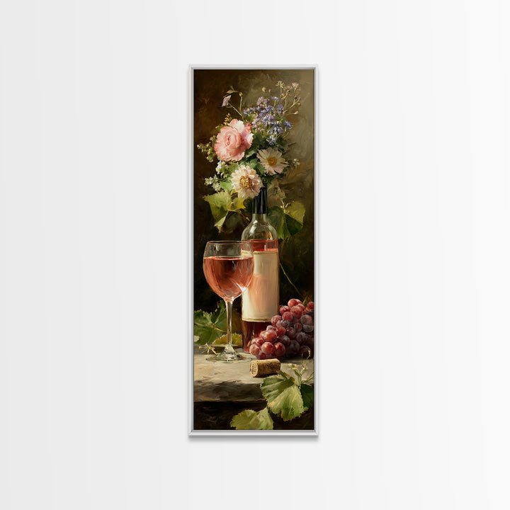 Ros Glass Beside Summer Flowers Canvas Print, Winery Art, Living Room Art, Winery Decor, Watercolor Art, Vineyard, WIN-1x3-26