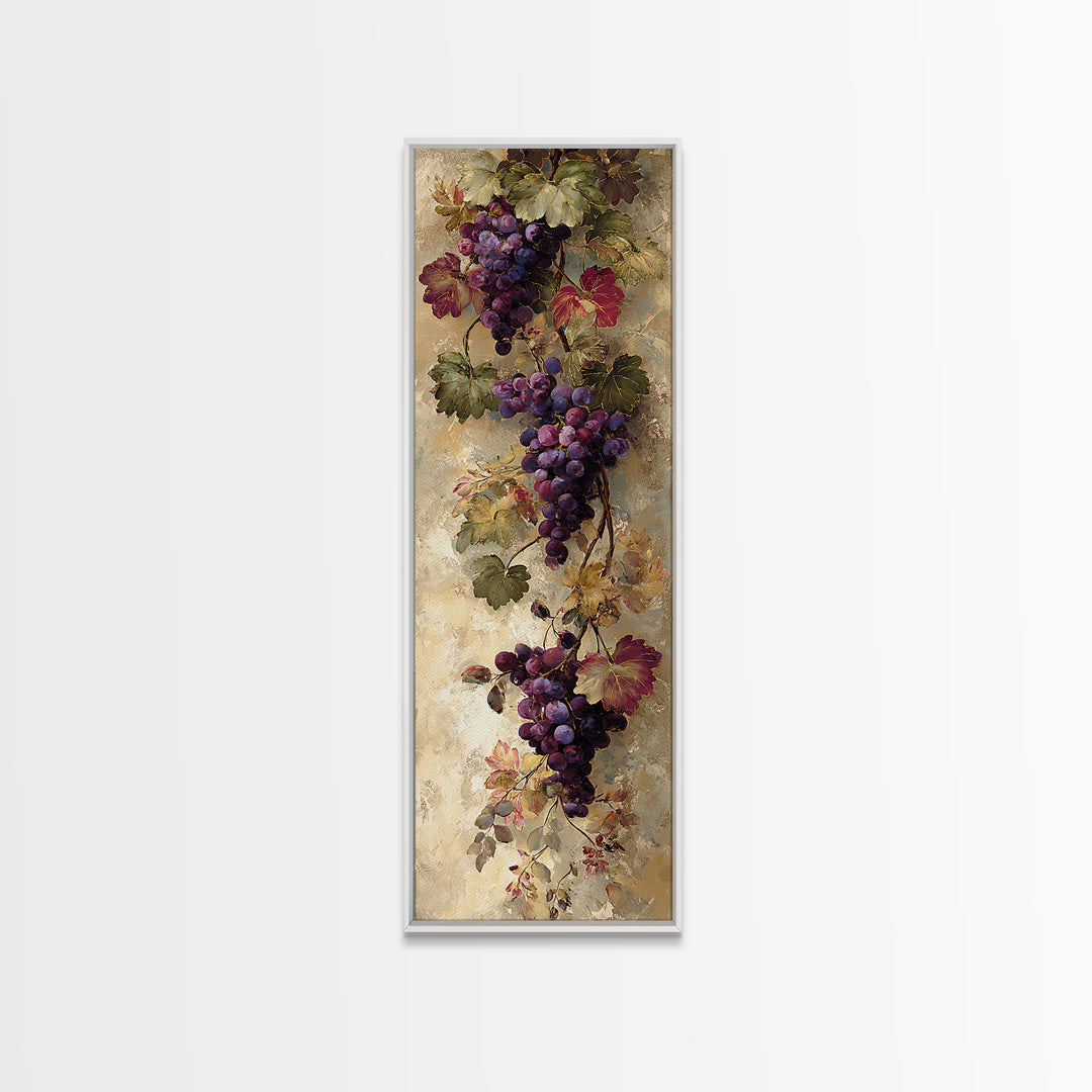 Grapevine Branch with Purple Grapes and Leaves Framed Canvas Print, Winery Art, Winery Decor, Watercolor Art, Vineyard, WIN-1x3-61