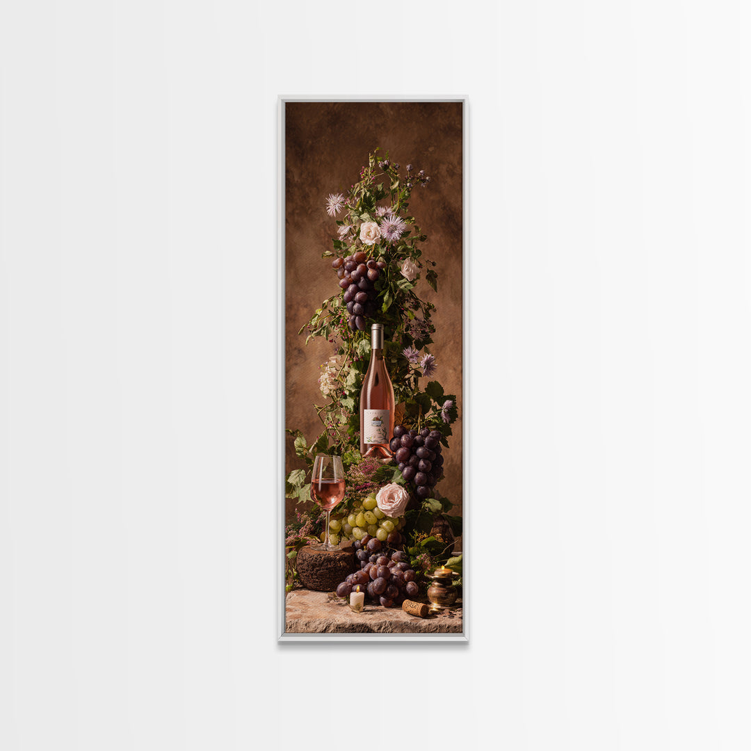 Ros Glass Beside Summer Flowers Framed Canvas Print, Winery Art, Fine Art Print, Winery Decor, Watercolor Art, Vineyard, WIN-1x3-74