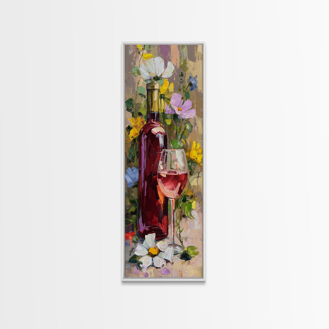 Ros Glass Beside Summer Flowers Canvas Print, Winery Art, Textured Painting, Winery Decor, Fine Art, Vineyard, Oil Painting, WIN-1x3-98