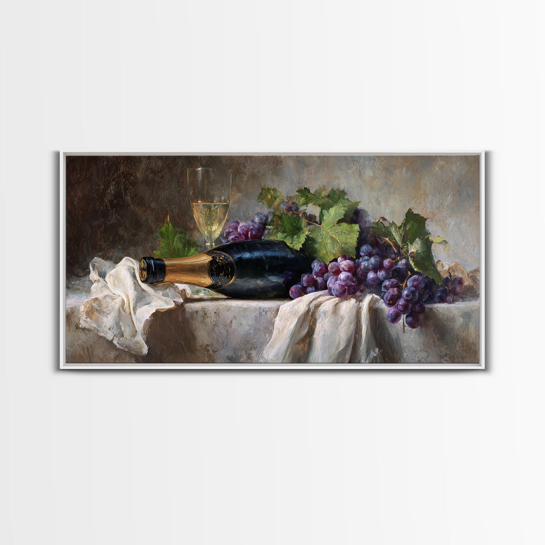 Champagne Grapes and White Linen Still Life Framed Canvas Print, Winery Art, Printable Wall Art, Winery Decor, Vineyard, WIN-2x1-1