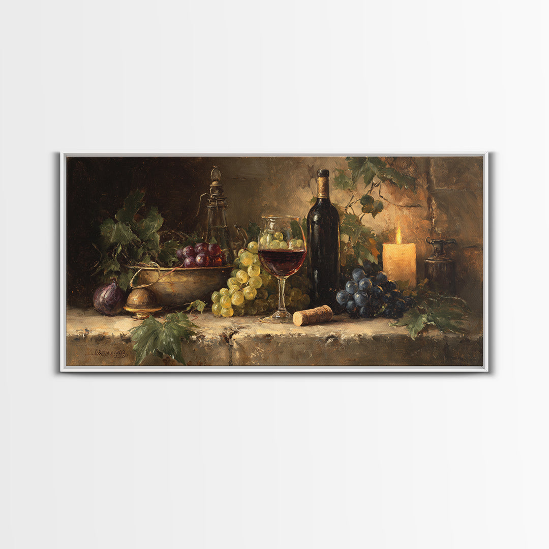 Olive Branch and Wine Glass Mediterranean Still Framed Canvas Print, Winery Art, Statement Artwork, Winery Decor, Vineyard, WIN-2x1-20