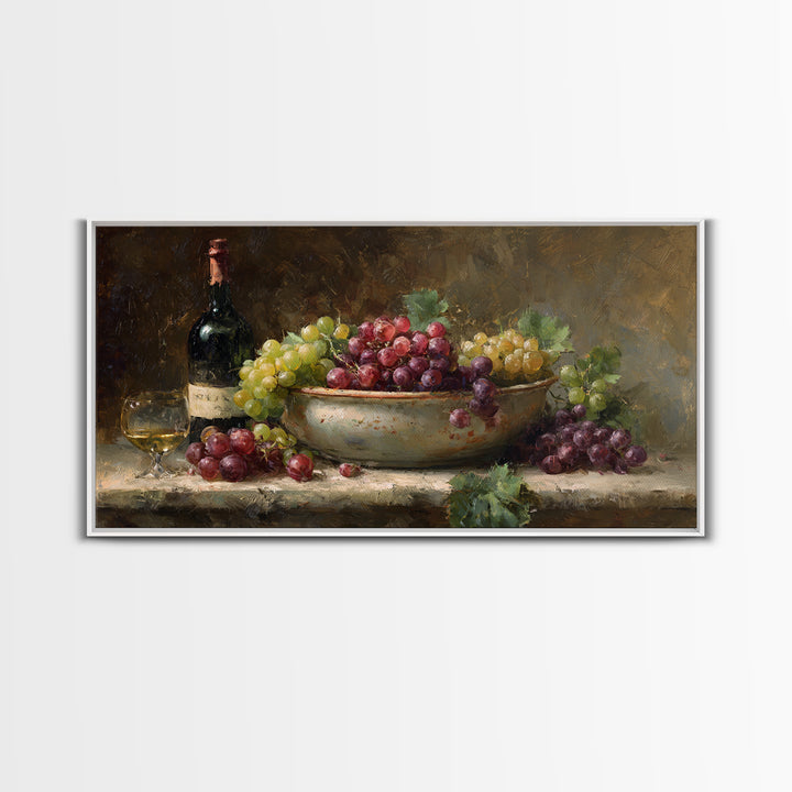 Grapes in a Ceramic Bowl with Shadows Framed Canvas Print, Winery Art, Oil Painting, Winery Decor, Watercolor Art, Vineyard, WIN-2x1-29